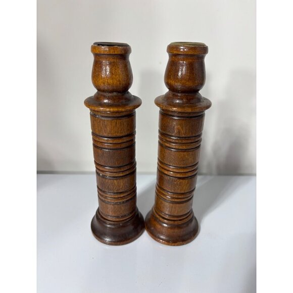 Vtg‎ Wooden Candlestick Holders & 8 Napkin Rings Built In Set Unique - Picture 2 of 8